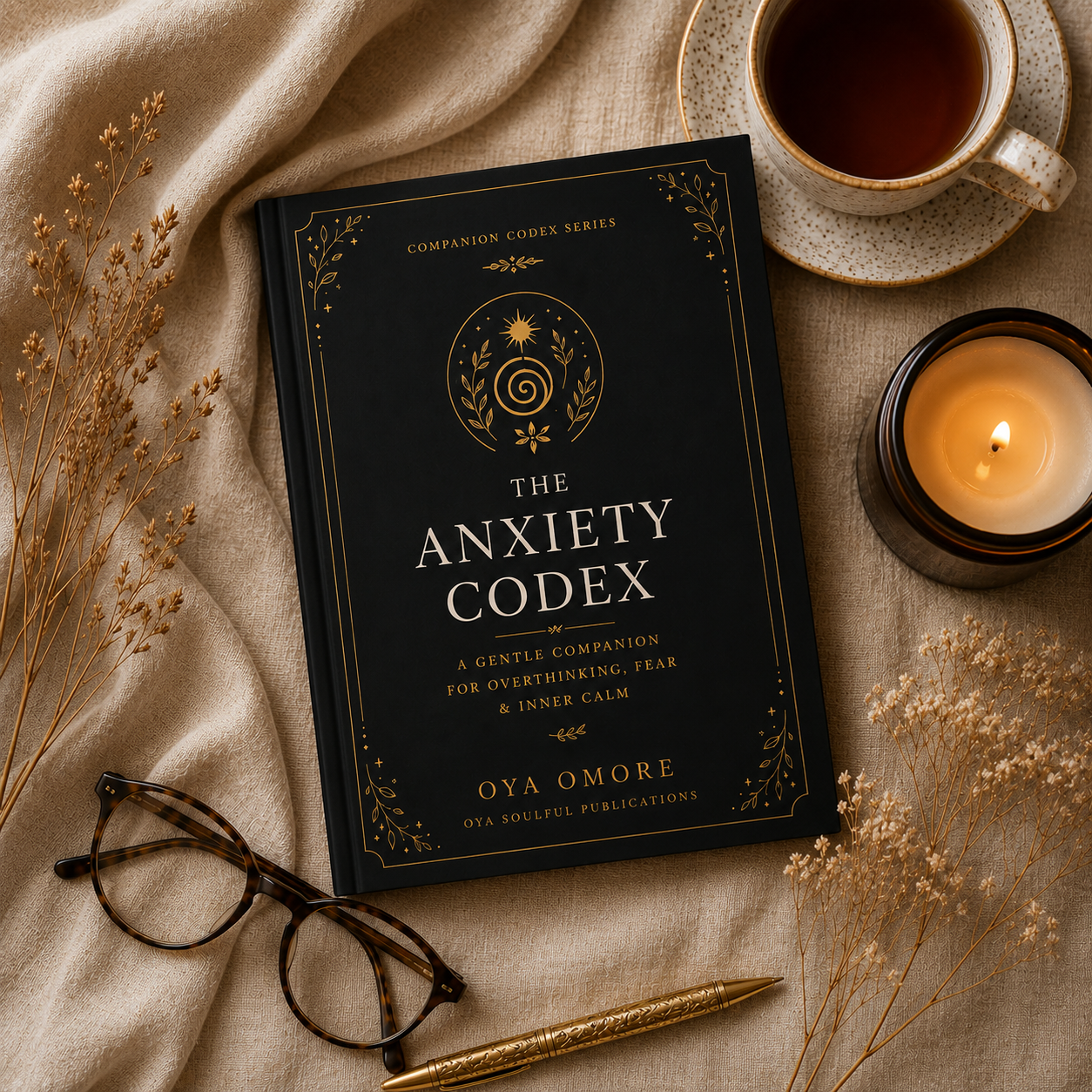 The Anxiety Codex The Anxiety Codex with tea, candle and writing tools