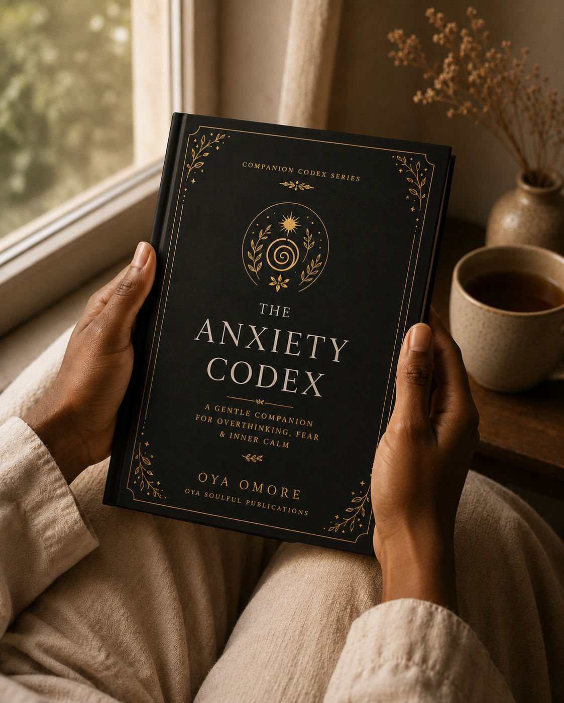 The Anxiety Codex Reader holding The Anxiety Codex beside a window