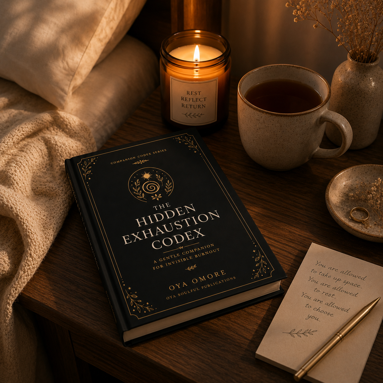 The Hidden Exhaustion Codex beside a candle, tea and journal