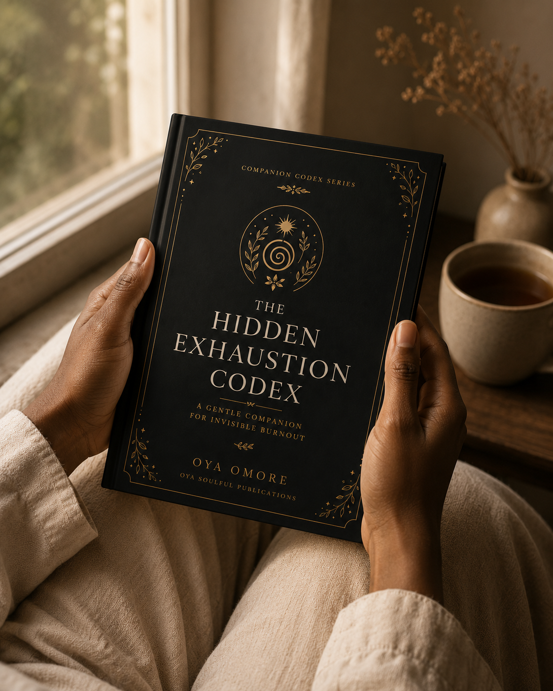 Reader holding The Hidden Exhaustion Codex beside a warm window