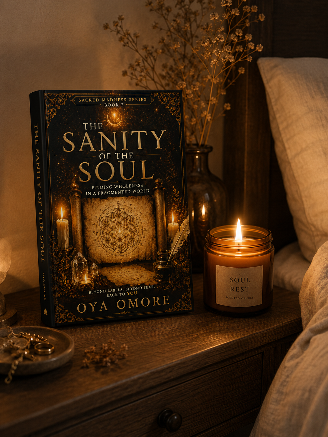 The Sanity of the Soul on a bedside table beside a candle